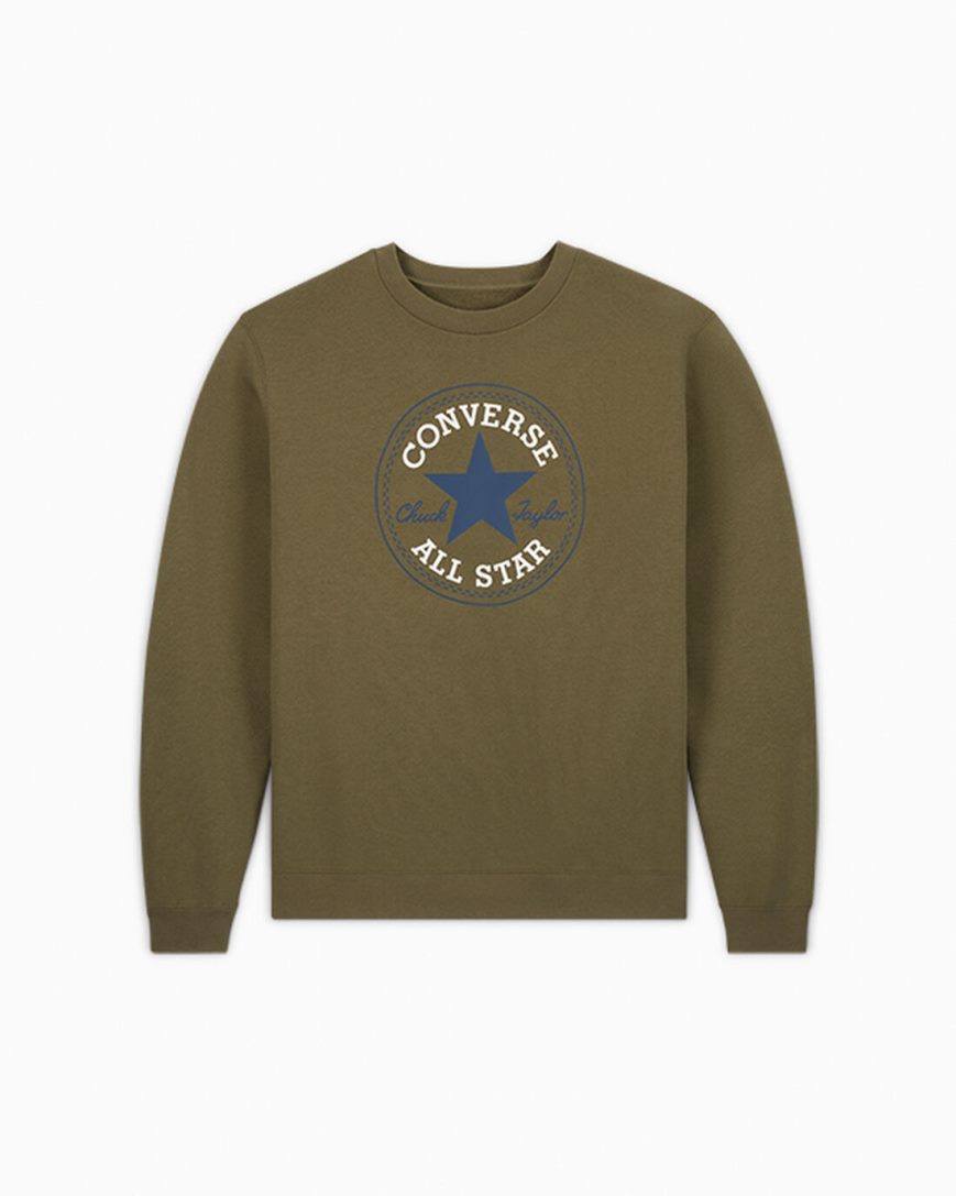 Men\'s Converse Go-To All Star Patch Standard Fit Fleece Crew Sweatshirts Olive | AU 4806CC